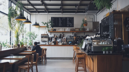 A welcoming coffee shop with soft lighting, wooden workstations, and an airy seating area with white and brown tones.の素材