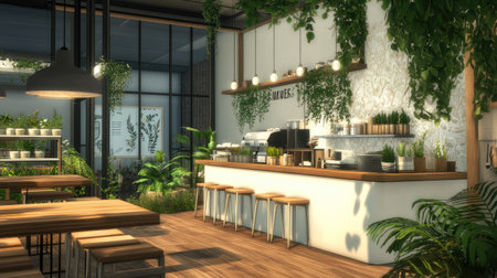 A trendy nature-inspired cafe with rustic wooden tables, cascading plants, and a bright white color palette, lit by glass walls.の素材