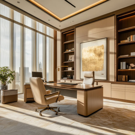 A well-lit office featuring a spacious layout, elegant furniture, and neutral tones, creating a productive and stylish workspace.の素材