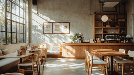 A trendy cafe space with soft brown and white hues, communal wooden work tables, and a bright seating area with natural decor.の素材