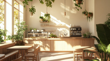 An inviting, plant-filled cafe with earthy wooden furnishings, a crisp white interior, and an abundance of natural light.の素材