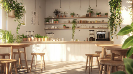 An inviting, plant-filled cafe with earthy wooden furnishings, a crisp white interior, and an abundance of natural light.の素材