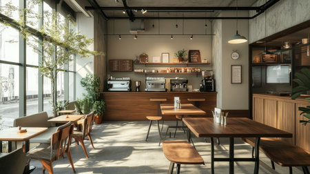 A stylish, well-lit cafe featuring wooden work tables, neutral tones, and a relaxing seating area with natural elements.の素材