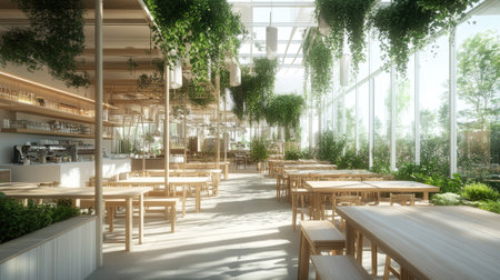 A trendy nature-inspired cafe with rustic wooden tables, cascading plants, and a bright white color palette, lit by glass walls.の素材