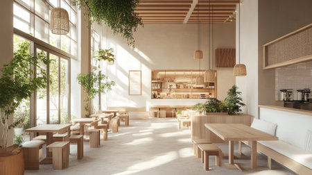 A trendy cafe space with soft brown and white hues, communal wooden work tables, and a bright seating area with natural decor.の素材