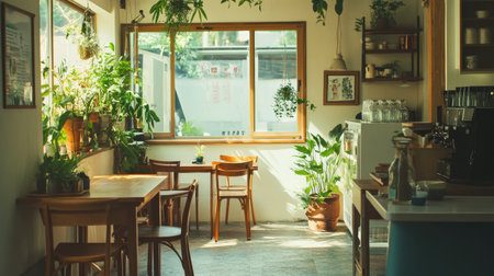 An inviting, plant-filled cafe with earthy wooden furnishings, a crisp white interior, and an abundance of natural light.の素材