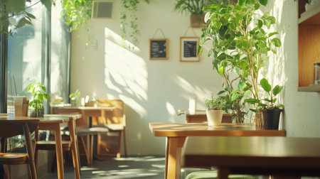 Cozy cafe space with earthy wooden tables, vibrant green plants, and a white minimalist backdrop. Sunlight streams through glass panels.の素材