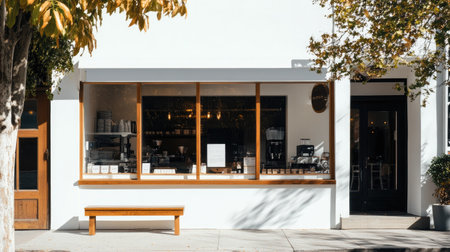 A trendy coffee shop facade with a sleek white exterior, inviting glass storefront, and a wooden bench for outdoor relaxation.の素材