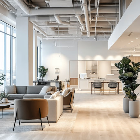 Bright office interior with elegant furniture, an open layout, and neutral hues for a contemporary and inspiring workspace.の素材