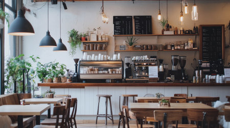 A work-friendly coffee shop featuring warm white and brown hues, wooden tables, and a cozy seating area with organic decor.の素材