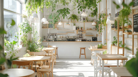 Chic nature cafe with handcrafted wooden decor, cascading greenery, and a bright white color scheme, enhanced by sunlight.の素材