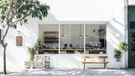 Bright and airy cafe exterior with a clean white wall, elegant glass storefront, and a rustic wooden bench outside.の素材