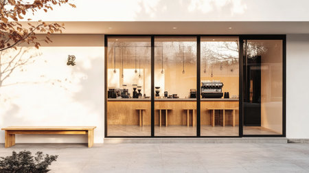 A clean and modern coffee shop exterior with a bright white wall, full-length glass panels, and a cozy wooden bench.の素材