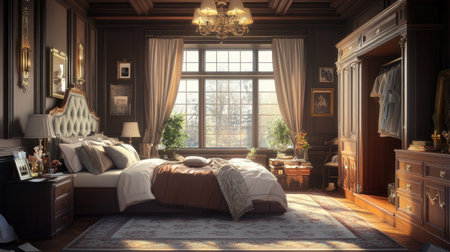 Warm and inviting bedroom with a luxurious large bed, a private dressing space, and a grand window filling the room with light.の素材