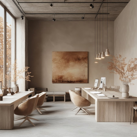A chic and airy office with minimalist furniture, a warm earthy palette, and open desks fostering creativity and collaboration.の素材