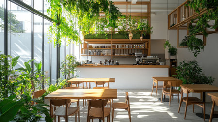 A modern cafe oasis featuring wooden tables, vibrant greenery, and a neutral white palette, where sunlight filters through glass walls.の素材