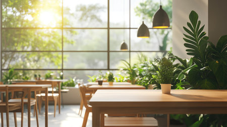 A peaceful, nature-infused cafe with wooden tables, indoor plants, and a white modern backdrop, brightened by large glass windows.の素材