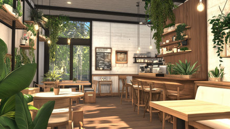 A modern cafe featuring a bright, airy ambiance with brown and white tones, wooden tables for working, and lush natural decor.の素材