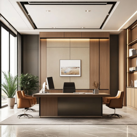A stylish, spacious office with functional open workstations, muted earthy tones, and elegant decor for a high-end professional look.の素材