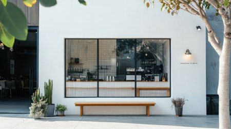 A modern minimalist cafe exterior with a crisp white wall, clean glass windows, and a wooden bench offering a cozy outdoor seat.の素材