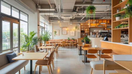 A trendy cafe space with soft brown and white hues, communal wooden work tables, and a bright seating area with natural decor.の素材