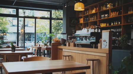 Cozy coffee shop interior with warm wooden tables, earthy tones, and a large seating area filled with natural light and decor.の素材