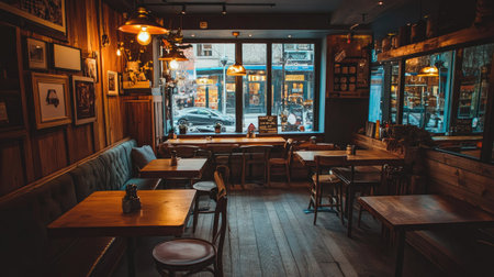 Cozy yet modern cafe lounge with wooden textures, neutral seating, and dim industrial lights, perfect for relaxation.の素材
