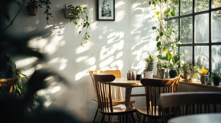 Earthy cafe lounge featuring wooden chairs, botanical elements, and a clean white setting, illuminated by natural daylight.の素材