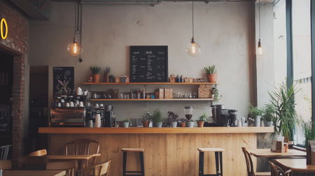 Modern cafe interior with earthy wooden furniture, sleek neutral decor, and exposed industrial lights for a trendy setting.の素材