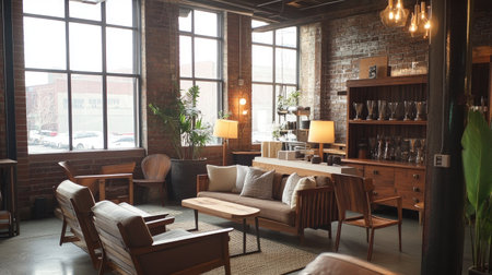 Elegant coffee lounge with a modern-rustic theme--wood furniture, neutral textiles, and soft industrial lighting.の素材