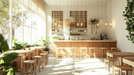 Organic cafe design with earthy wooden details, botanical decor, and a crisp white background, immersed in natural sunlight.の素材