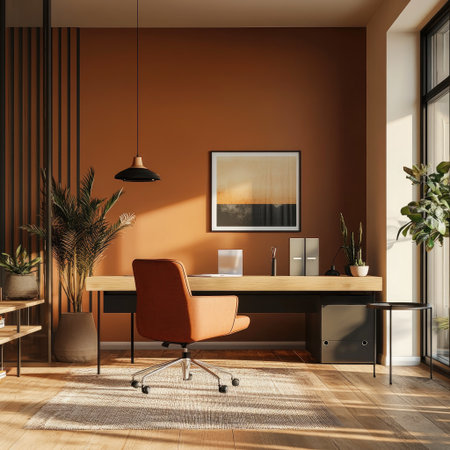 Modern office room with a minimalist aesthetic, open-concept design, and a warm color palette fostering a relaxed work vibe.の素材