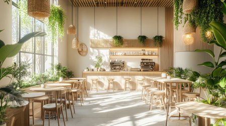 Organic cafe design with earthy wooden details, botanical decor, and a crisp white background, immersed in natural sunlight.の素材