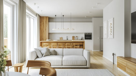 A bright and airy one-story home with an L-shaped layout, 160 sq. m. of space, 3 cozy bedrooms, and a functional kitchen.の素材