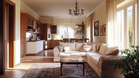 A bright and airy one-story home with an L-shaped layout, 160 sq. m. of space, 3 cozy bedrooms, and a functional kitchen.の素材