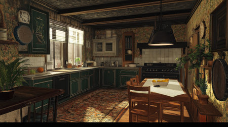 A cozy, family-friendly one-story L-shaped house with 160 sq. m. of space, 3 bedrooms, 2 bathrooms, and an inviting kitchen area.の素材