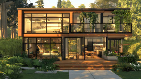 A beautifully designed L-shaped house with glass walls, a sunlit front balcony, 3 cozy bedrooms, 2 modern bathrooms, and a stylish kitchen.の素材