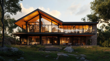 A beautifully crafted L-shaped house with glass-paneled walls, a stylish front balcony, 3 spacious bedrooms, 2 bathrooms, and a functional kitchen.の素材