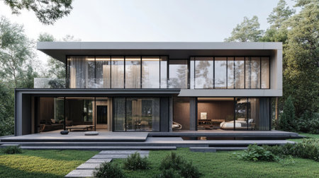 A sophisticated modern house featuring an L-shaped design, glass walls, a large front balcony, and a bright interior with 3 bedrooms and 2 bathrooms.の素材