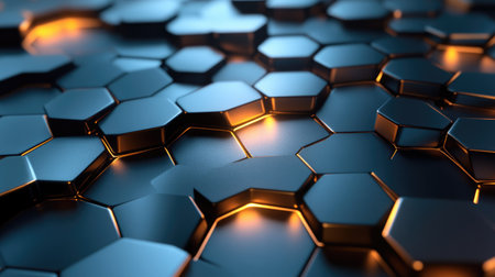 Abstract hexagonal grid with a metallic texture and soft ambient lighting, perfect for a tech theme.の素材