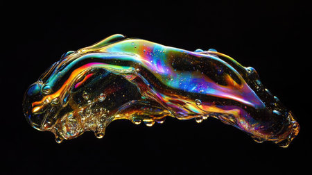 Abstract glossy liquid form with vivid iridescent hues, appearing fluid and surreal against a dark black backdrop.の素材