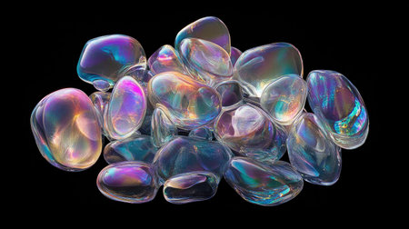 Smooth, holographic liquid structure with dreamy iridescent colors, standing out beautifully against black.の素材