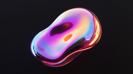Floating iridescent 3D blob with smooth gradient reflections, hovering over a deep black background for a futuristic feel.の素材