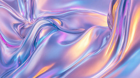 Reflective silver foil with liquid-like motion, featuring mesmerizing iridescent hues and abstract wave patterns.の素材