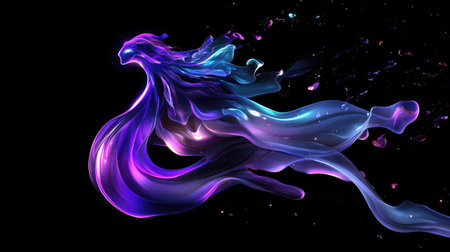 Abstract flowing liquid with neon-inspired iridescence, forming a dynamic, futuristic shape on a black background.の素材