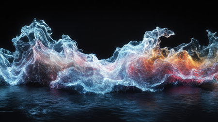 Futuristic 3D-rendered iridescent waves forming an abstract liquid design, glowing on a black background.の素材
