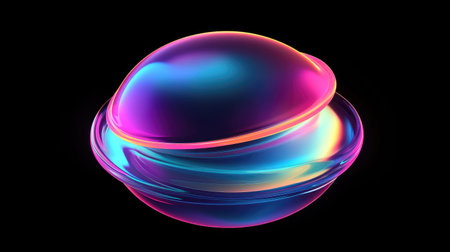 Abstract iridescent liquid form floating on a deep black background, reflecting vibrant neon gradients in a futuristic 3D design.の素材