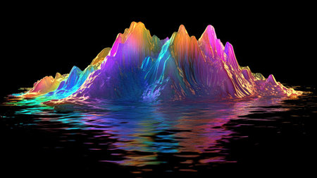 Shimmering, colorful liquid form with shifting iridescent hues, standing out against a black background in 3D.の素材