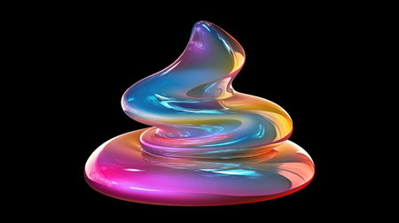 Shimmering, colorful liquid form with shifting iridescent hues, standing out against a black background in 3D.の素材