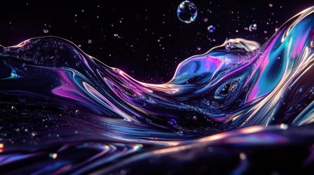 Mesmerizing iridescent liquid form, floating gracefully in a deep black void, reflecting shifting neon gradients.の素材